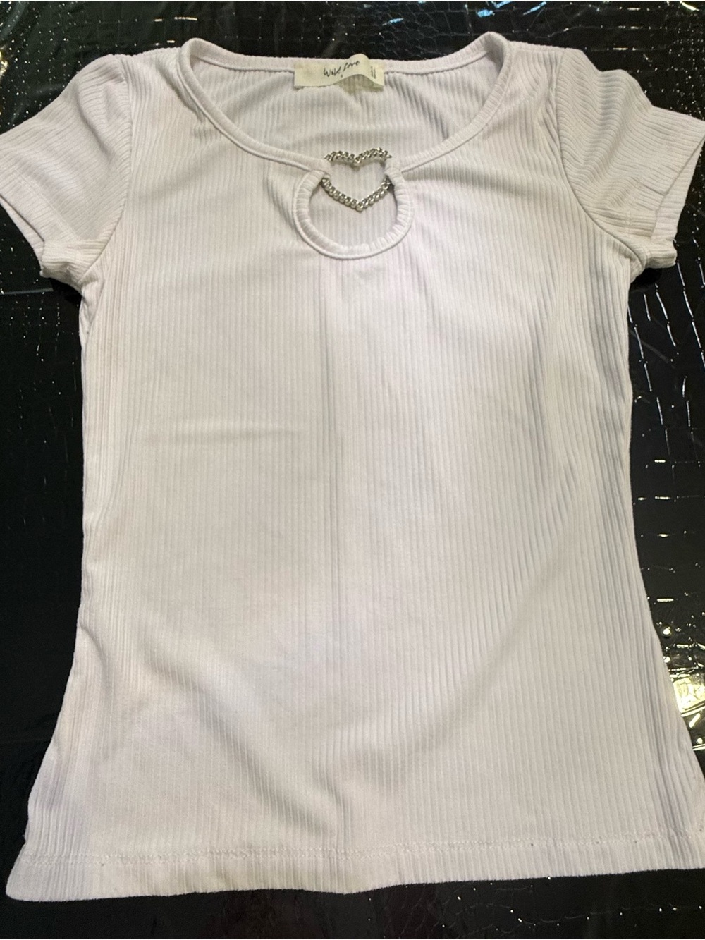Girls' Ribbed Short Sleeve Top with Heart Cutout - White